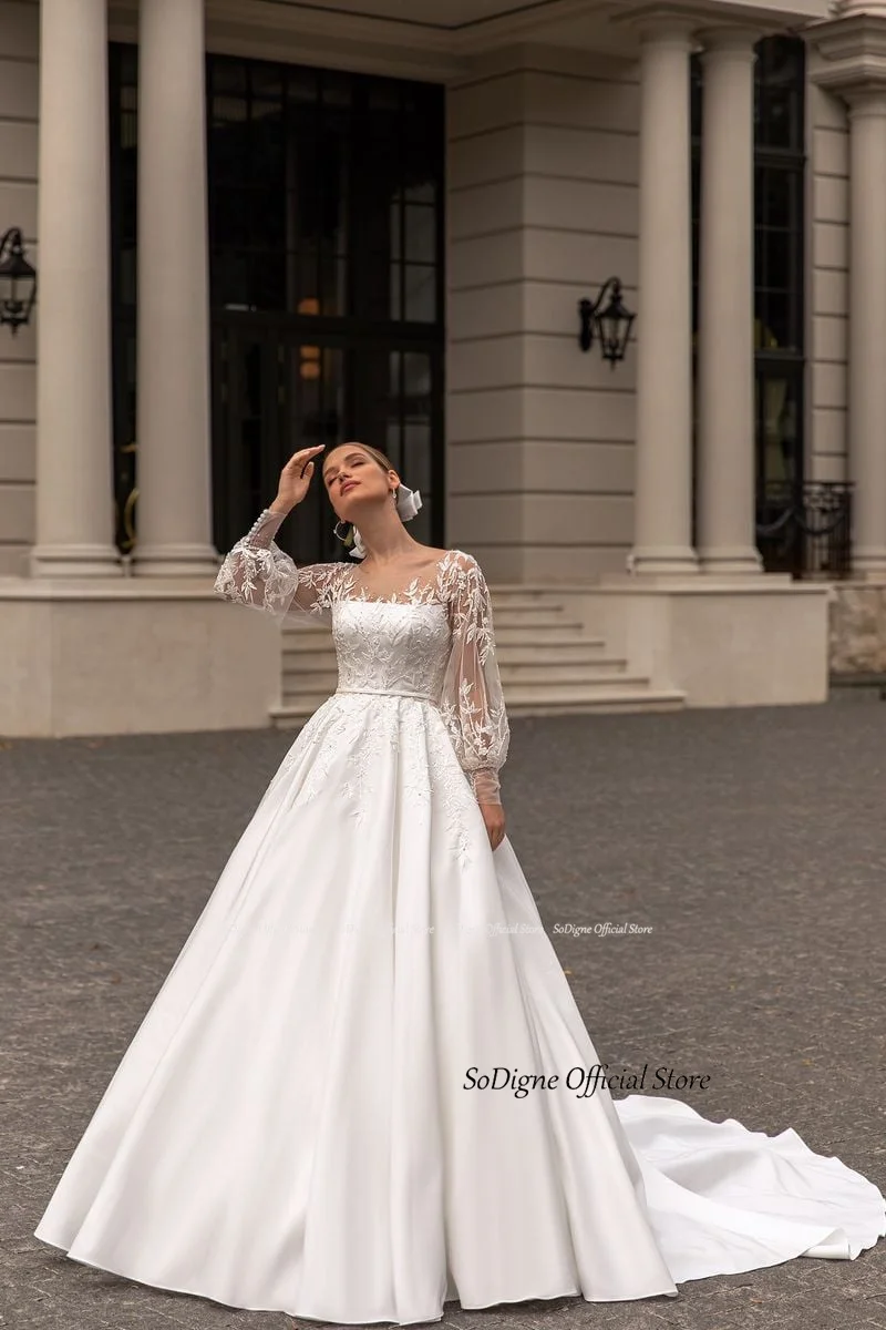 SoDigne A-line Satin Wedding Dresses Appliques Full Sleeves O-neck Bridal Dress Elegant Customized Bride Gown Vestidos De Novia