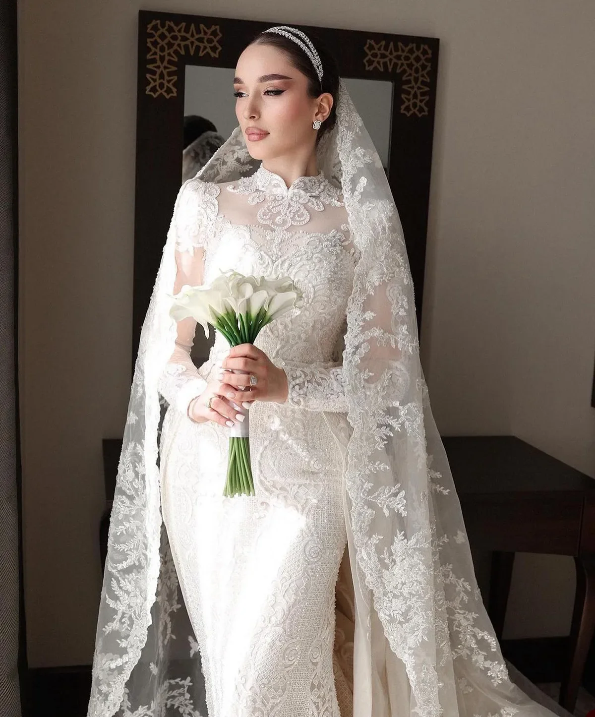 Customized Mermaid Wedding Dresses Long Sleeves High Neck Appliques Amanda Novias Official Beads Bridal Gowns Vestina De Novia