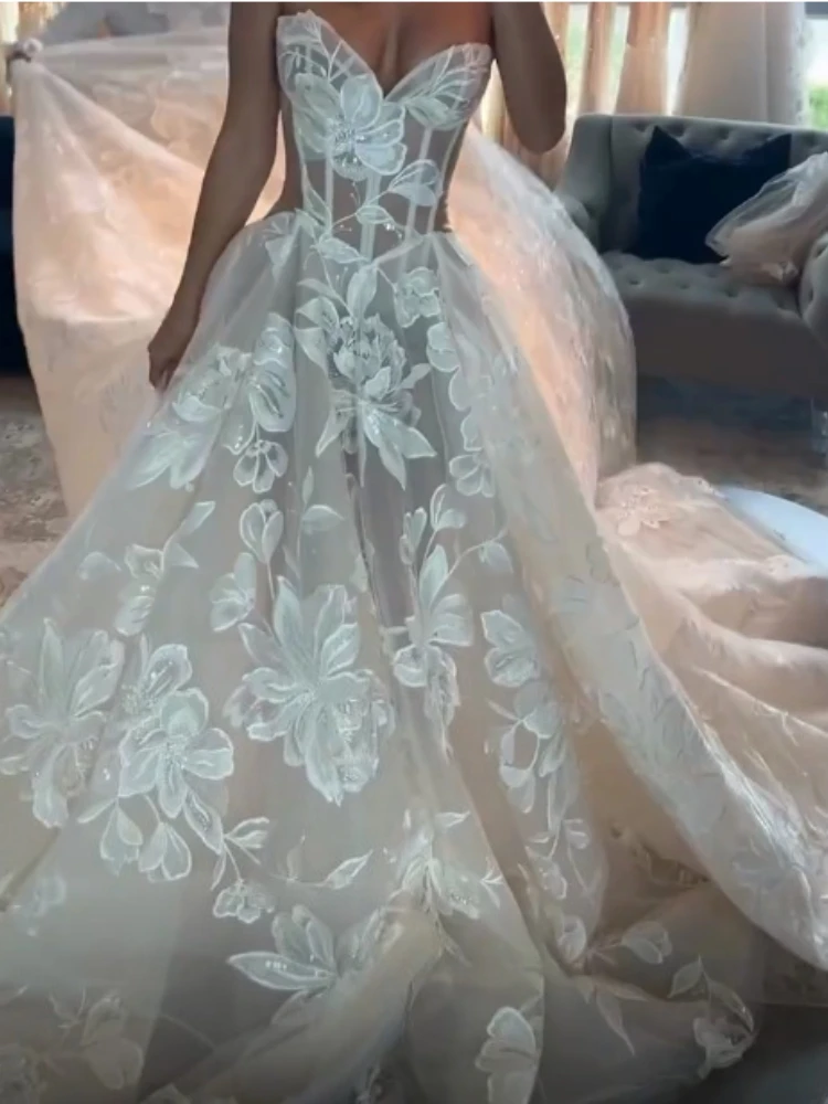 Customized Vintage Lace Mermaid Wedding Dress V-Neck Applique Pleat Bridal Gown Off Shoulder 3D Flower High Quality Bride Gowns