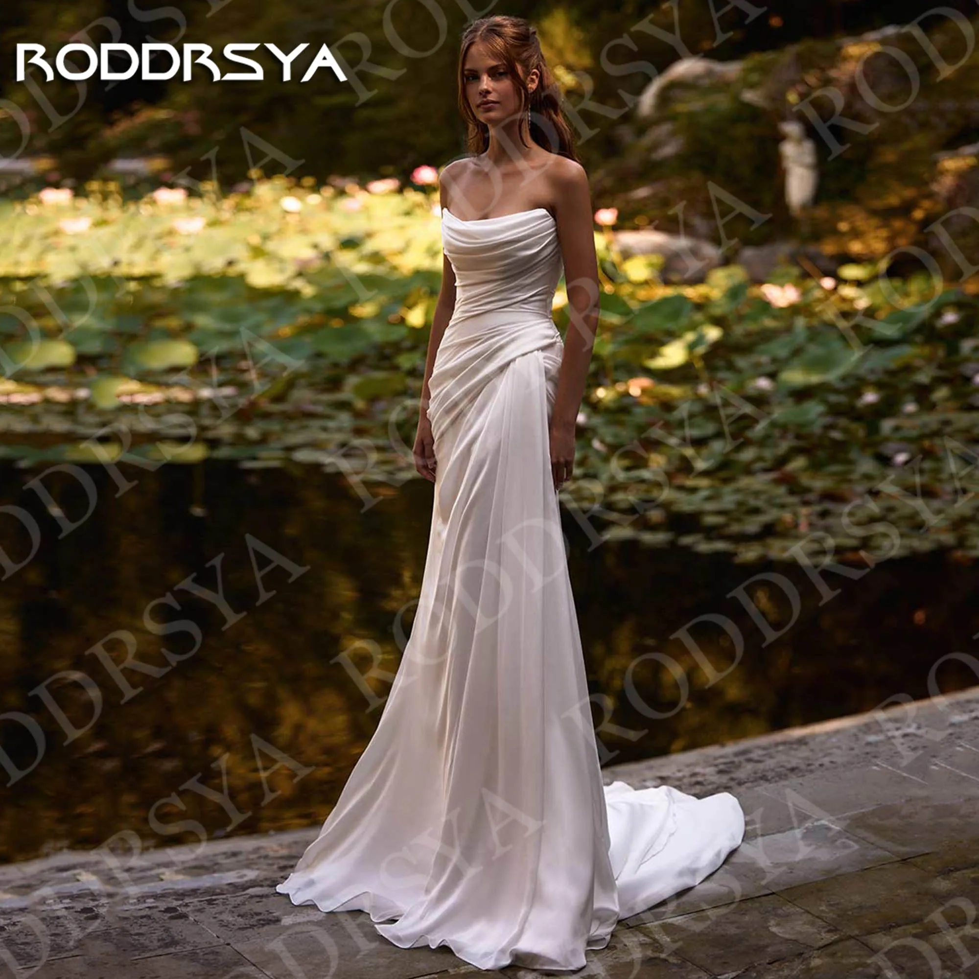 RODDRSYA Elegant Mermaid Chiffon Wedding Dresses Bride Sexy Vestidos Noivas Strapless Pleats Bridal Dress Sleeveless Customized