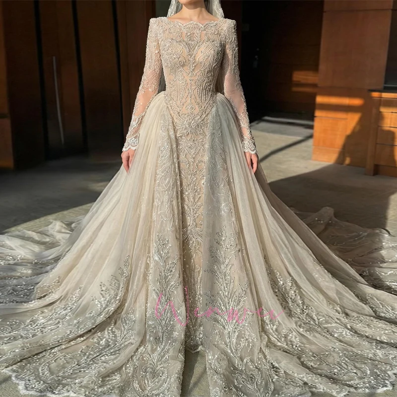 Luxury A-line Vintage Classic Embroidery Decal Design Beauty Elegant Wedding Bride Dress Shimmering Customized Vestidos De Novia