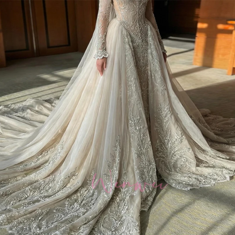 Luxury A-line Vintage Classic Embroidery Decal Design Beauty Elegant Wedding Bride Dress Shimmering Customized Vestidos De Novia
