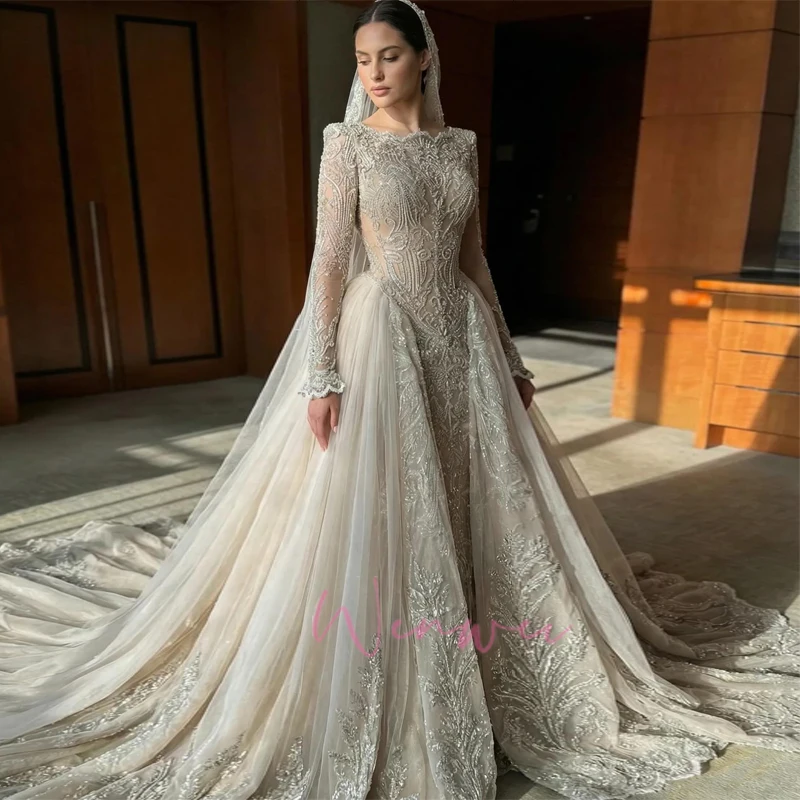Luxury A-line Vintage Classic Embroidery Decal Design Beauty Elegant Wedding Bride Dress Shimmering Customized Vestidos De Novia