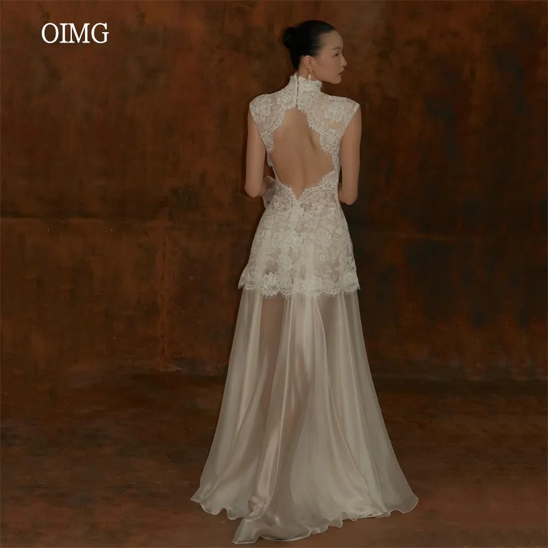 OIMG Modern Lace High Neck A Line Wedding Dress Sleeveless Backless Bride Dresses Floor Length Wedding Gowns 2026 Customized