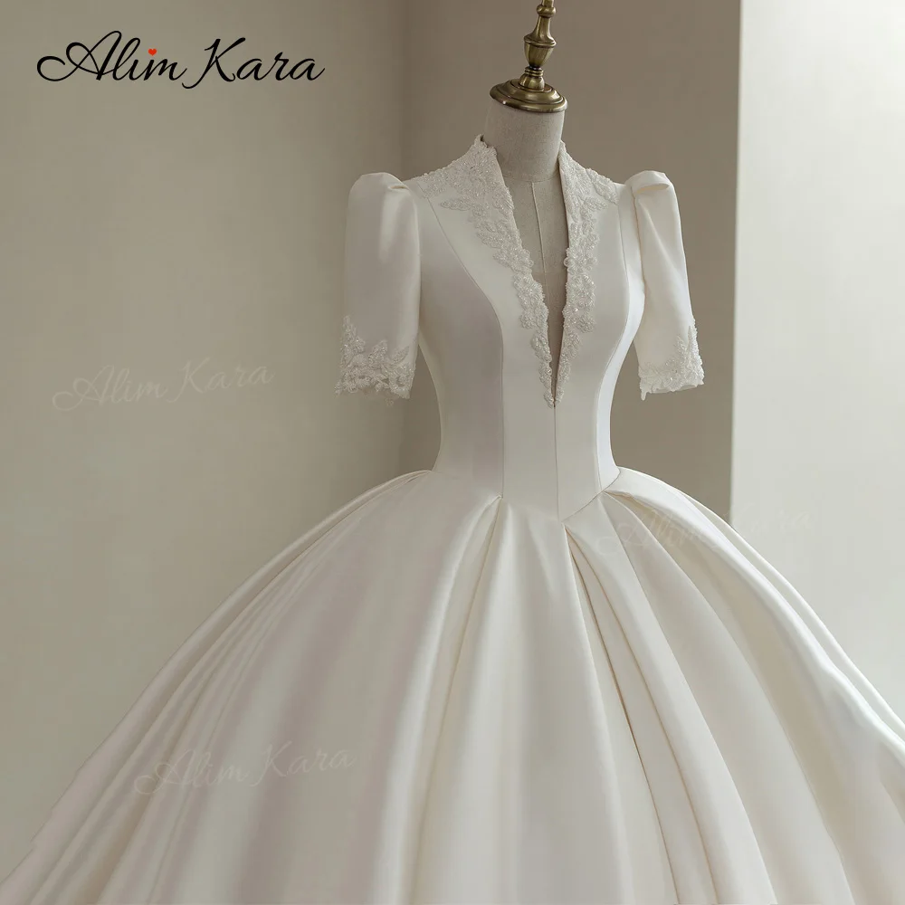 Alim Kara V-neck Ball Gown Wedding Dress 2027 Classic Beaded Satin Customized Bridal Beach Princess B346 Party Vestido De Novia