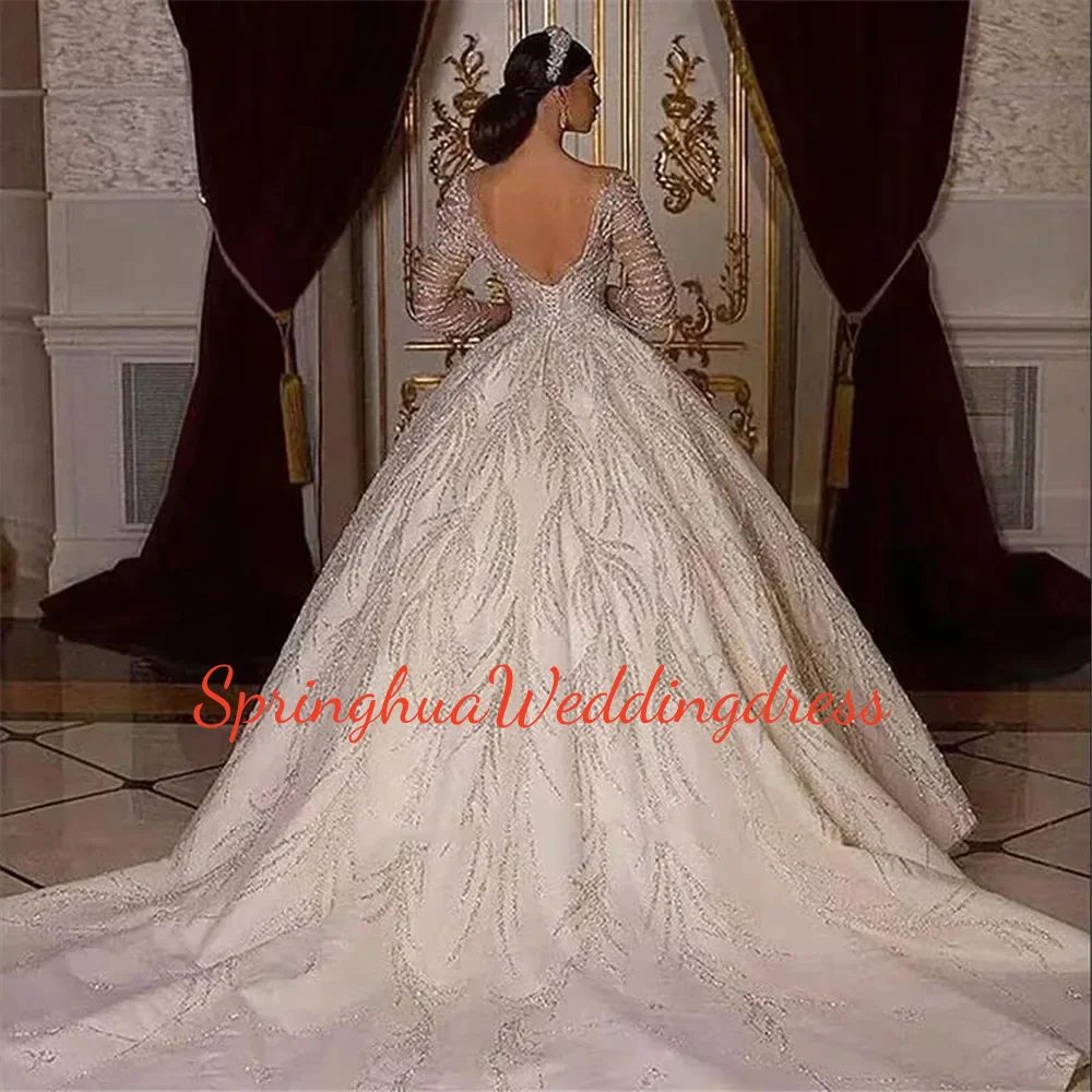 Customized Luxury Princess Wedding Dress Crystals Beaded Bridal Dress Illusion Tulle Long Sleeves Sparkly Vestidos De Novia
