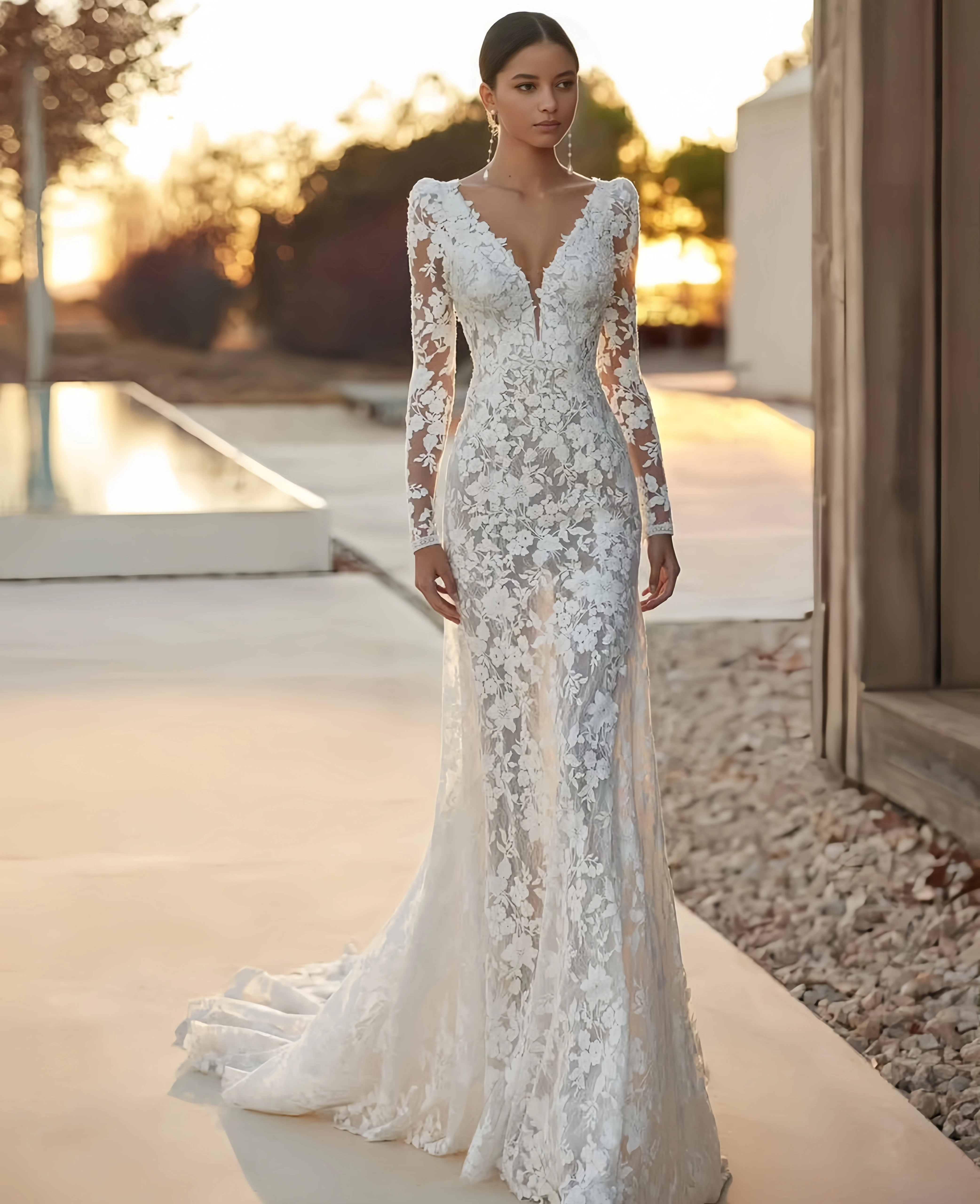 Customize Sexy Wedding Dress Lace Semi-Transparent Long-Sleeved Mermaid Wedding Dress Vestidos De Novia