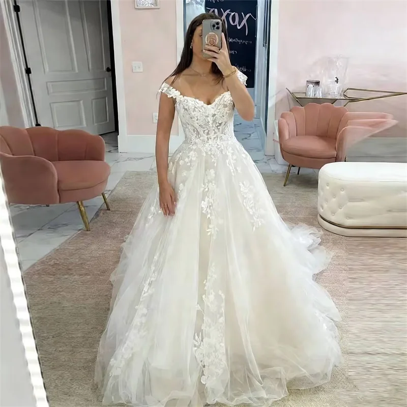 Customized Womens Vintage Lace Applique Wedding Dresses For Bride Off the Shoulder Bridal Gowns Backless A-line Robe De Mariée