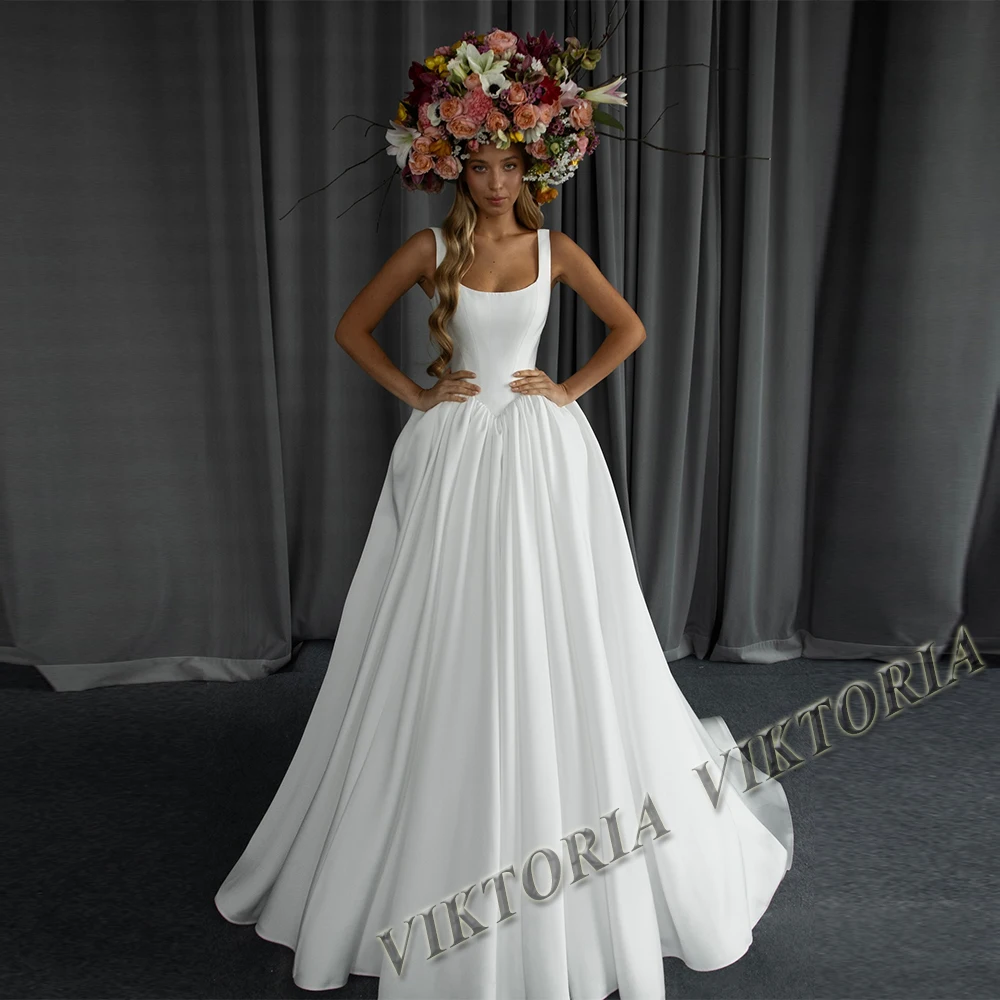 VIKTORIA Classic Satin Wedding Dresses For Woman Bridal Scoop Sleeveless A-LINE Pleat  Vestidos De Novia Boda Customized