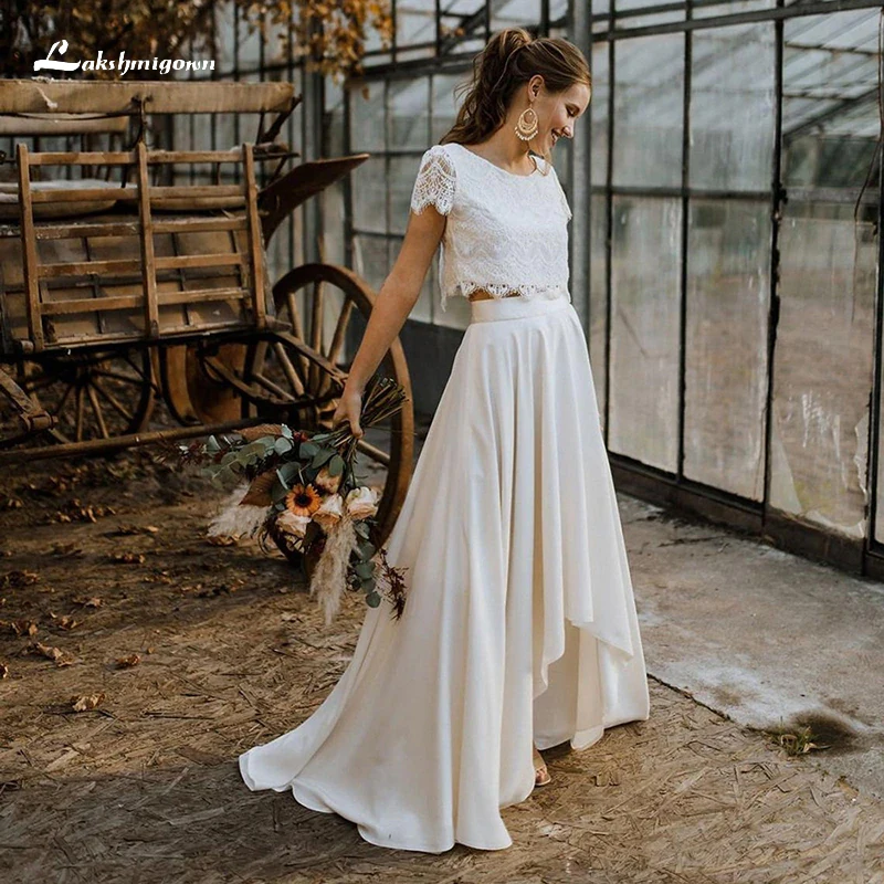 Boho Two Pieces Lace Bridal Wedding Dress O-Neck Short Sleeve High Low Skirt Bride Gown Sweep Button Chiffon Vestido Customized