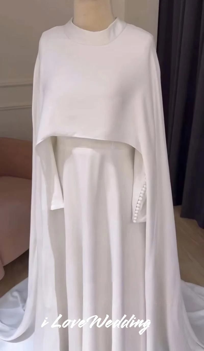 White O-Neck Wedding Dress 2025 Shawl Long Sleeve Button A-Line Saudi Arabia Sweep Train Muslim Floor-Length Pleated Customized