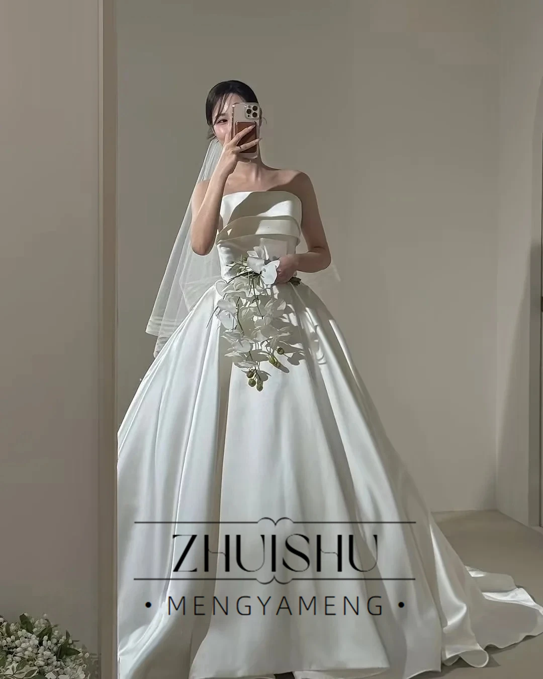 ZHUISHU Simple A-Line Korea Wedding Dresses Photo Shoot Soft Satin Sleeveless Floor Length Bridal Gowns Customized back Corset