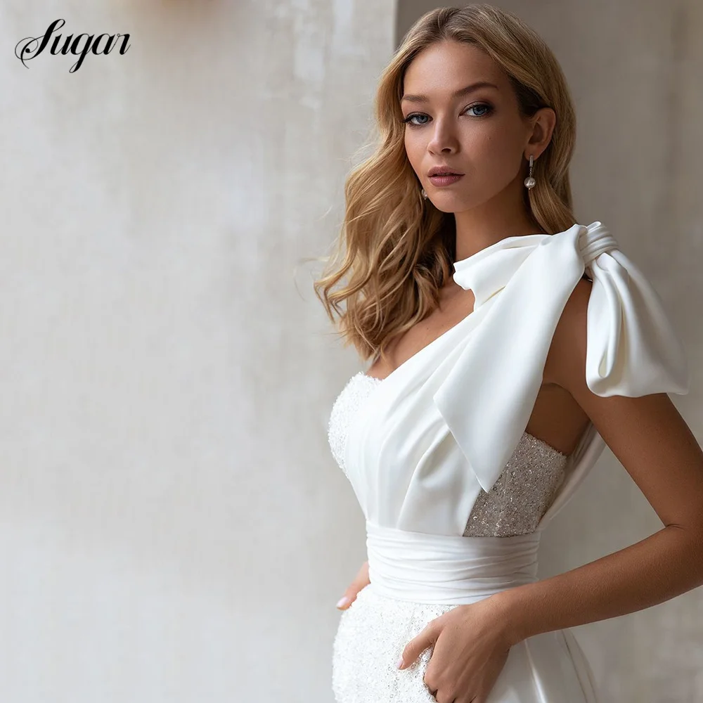 Satin Wedding Dresses with Detachable Skirt 2 Pieces V Neck Short Puff Sleeves Short Front Long Train Bridal Gown suknia ślubna