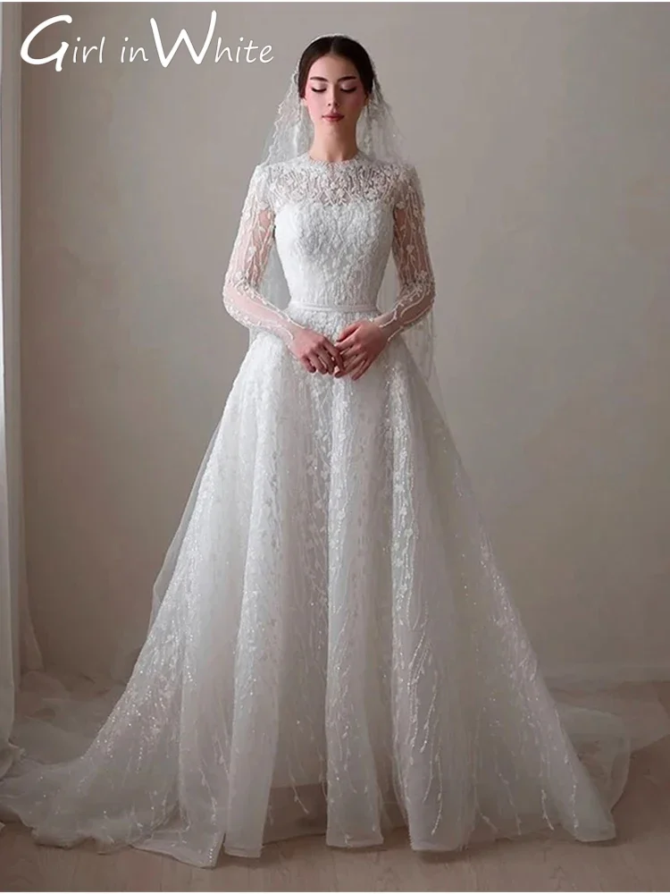 Wedding Dress Bead O-Neck 2026 Embroidery A-Line Ballgown Long Sleeves Lace Applique Customized Bride Dress Vestido De Novia