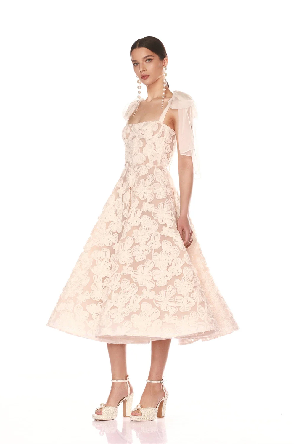 Kyoto Customized Off-White Milk Lace Flower Wedding Dress Bow Straps Tea-length Vestidos De Noche A-line Sleeveless Formal Gown