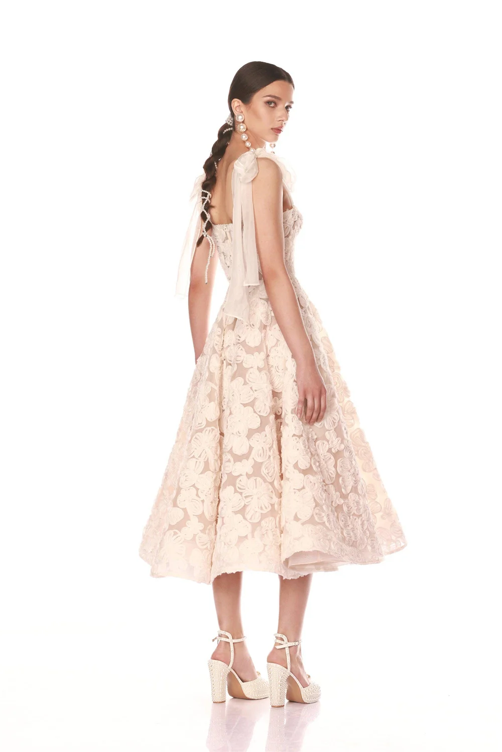 Kyoto Customized Off-White Milk Lace Flower Wedding Dress Bow Straps Tea-length Vestidos De Noche A-line Sleeveless Formal Gown