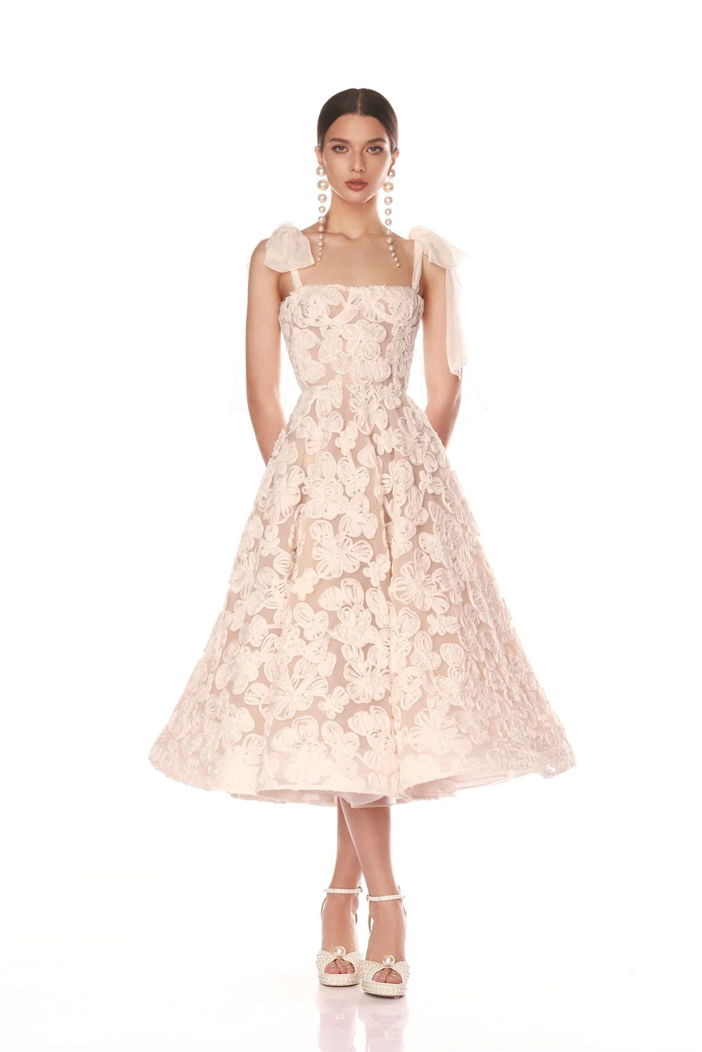 Kyoto Customized Off-White Milk Lace Flower Wedding Dress Bow Straps Tea-length Vestidos De Noche A-line Sleeveless Formal Gown