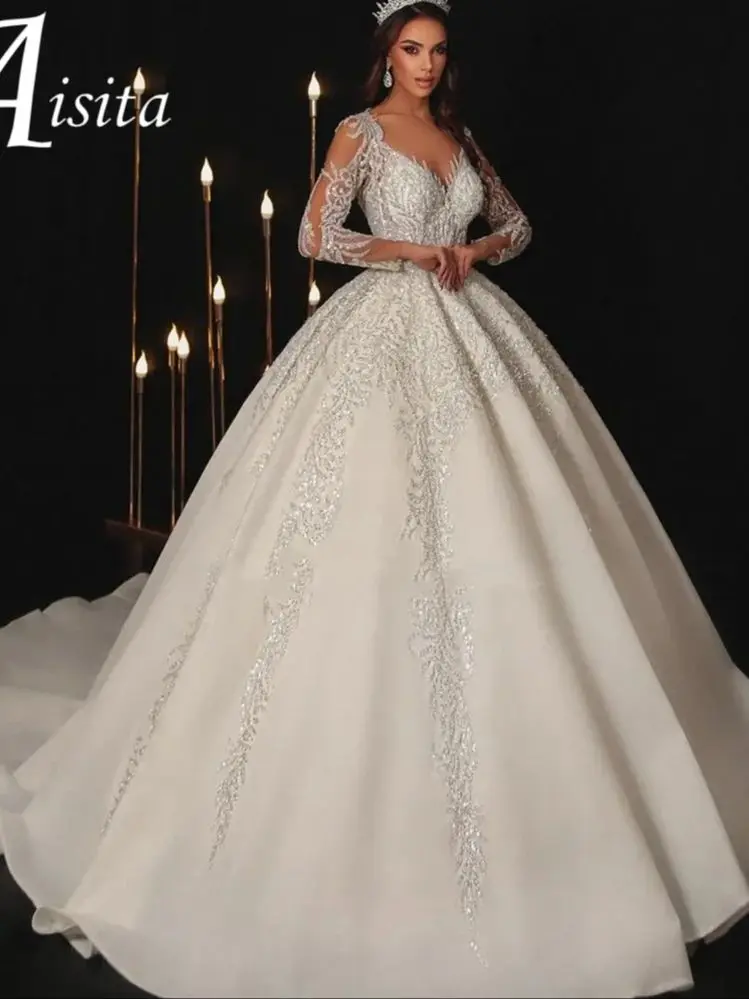 Modern Wedding Dresses Sweethear6t Bridal Gowns Lace Appliques Full Sleeves Floor Length Robes Vestidos De Novia Customized
