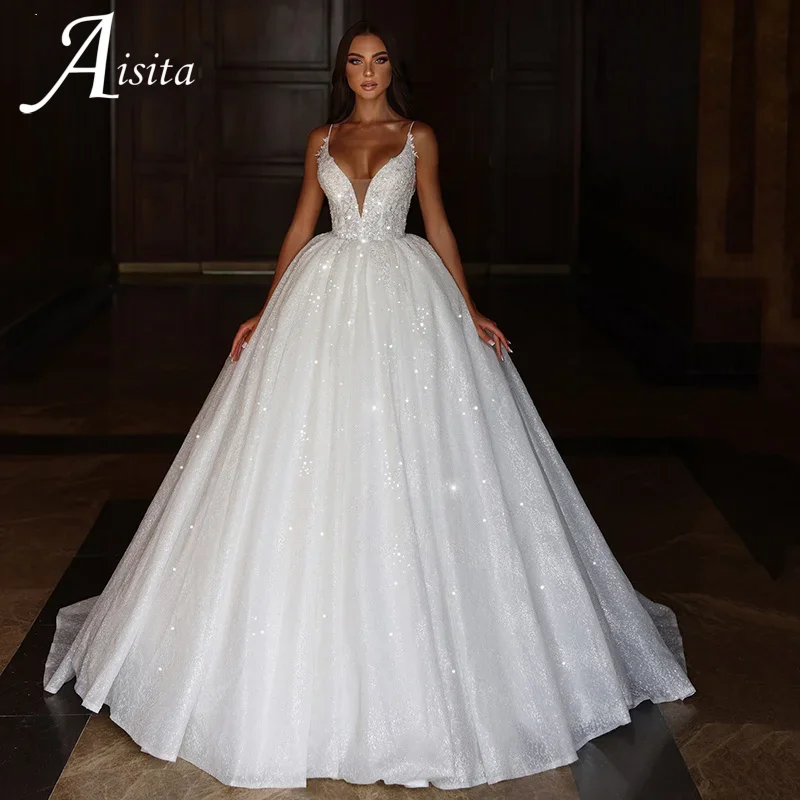 A-Line Glitter Shiny Wedding Dress Sequins Spaghetti Strap Bride Dresses Backless V-Neck Wedding Gown For Women Customized