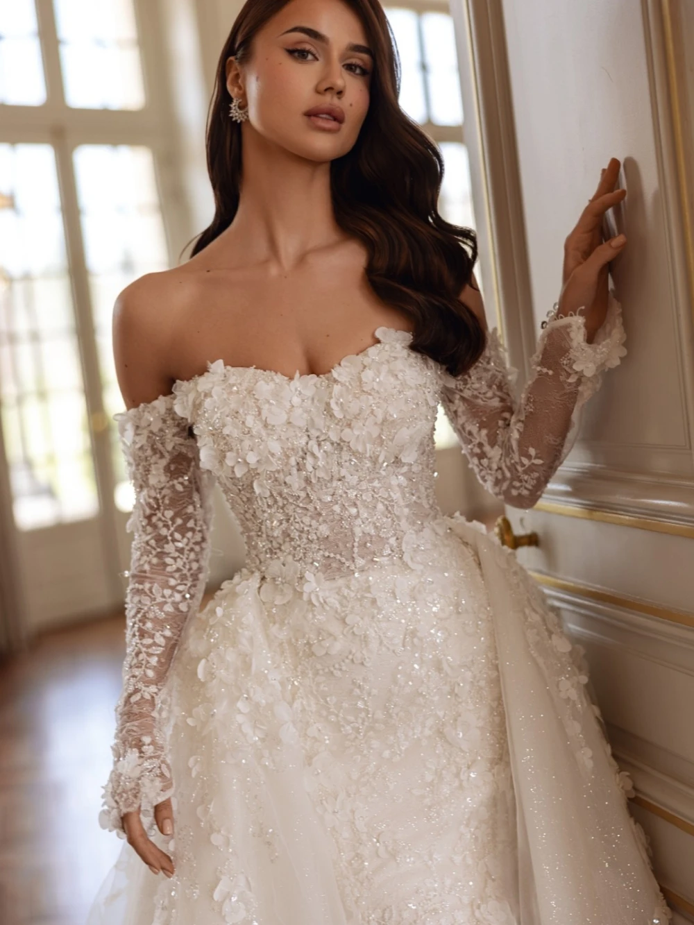 New Arrival Shiny Beaded Appliques Wedding Dress 3D Flower Off Shoulder Mermaid Bridal Gown Customized Dreamy Dresses For Bride