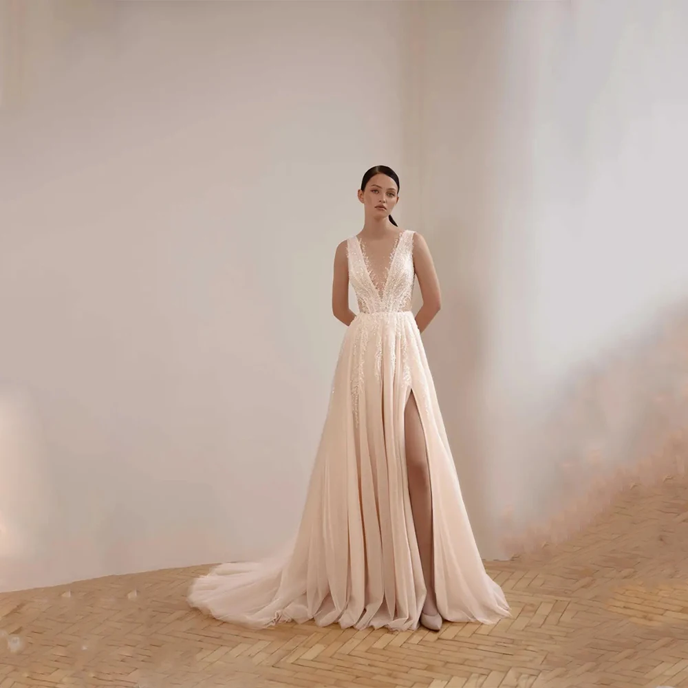 Customized High Quality Sexy White Elegant Chiffon Wedding Dresses V-neck Appliques Prom Gown A-line for Floor Length New Style