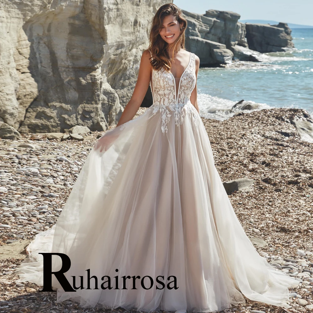 Ruhair Fashionable A-line Wedding Dresses Appliques Sweep Train Sleeveless Corset Bridal Gown Vestido De Noiva Customised