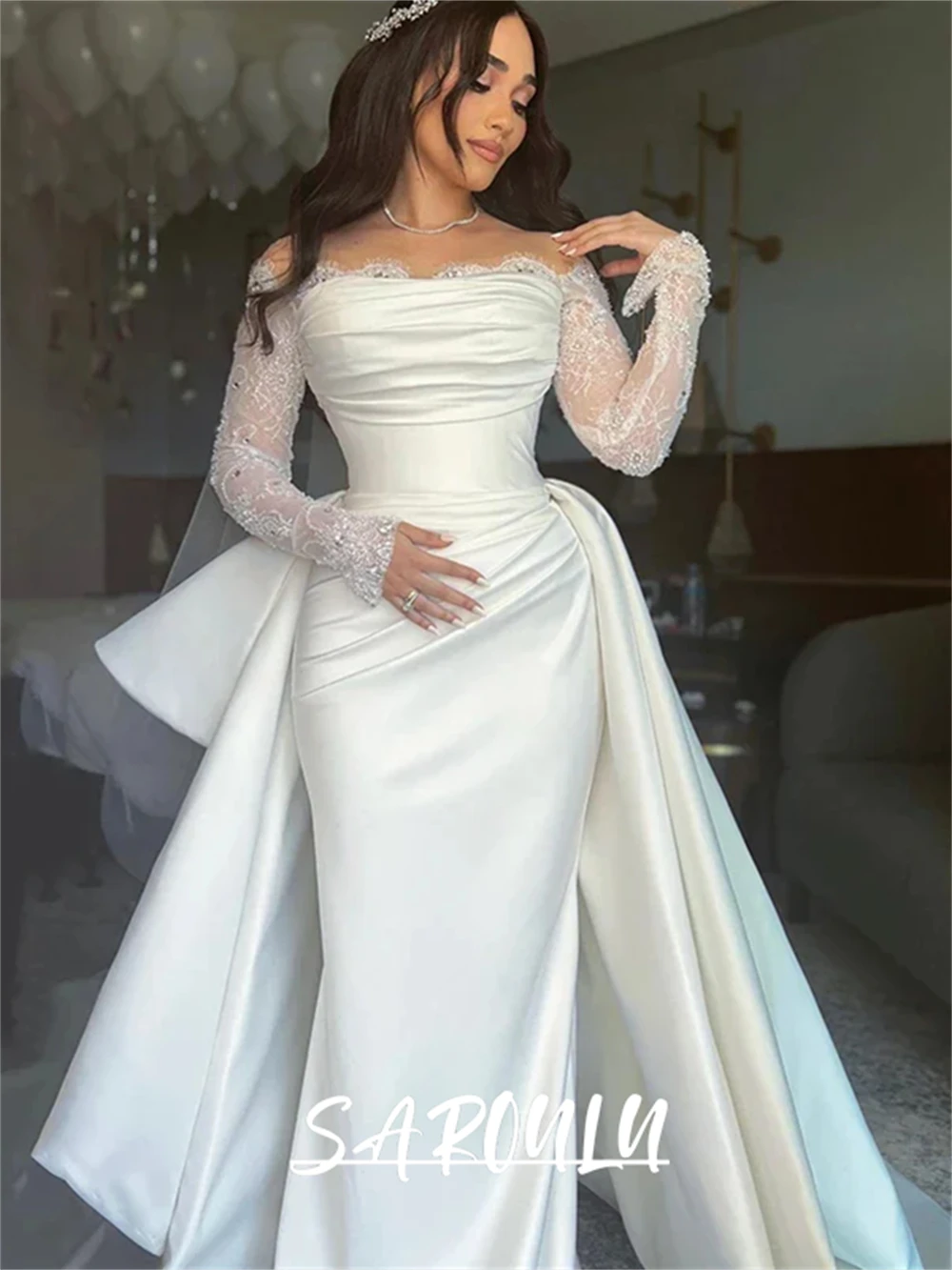 Elegant Satin Mermaid Wedding Dress with Off Shoulder Full Sleeves Long Maxi Plus Size Bride Dresses Customized Bridal Gown