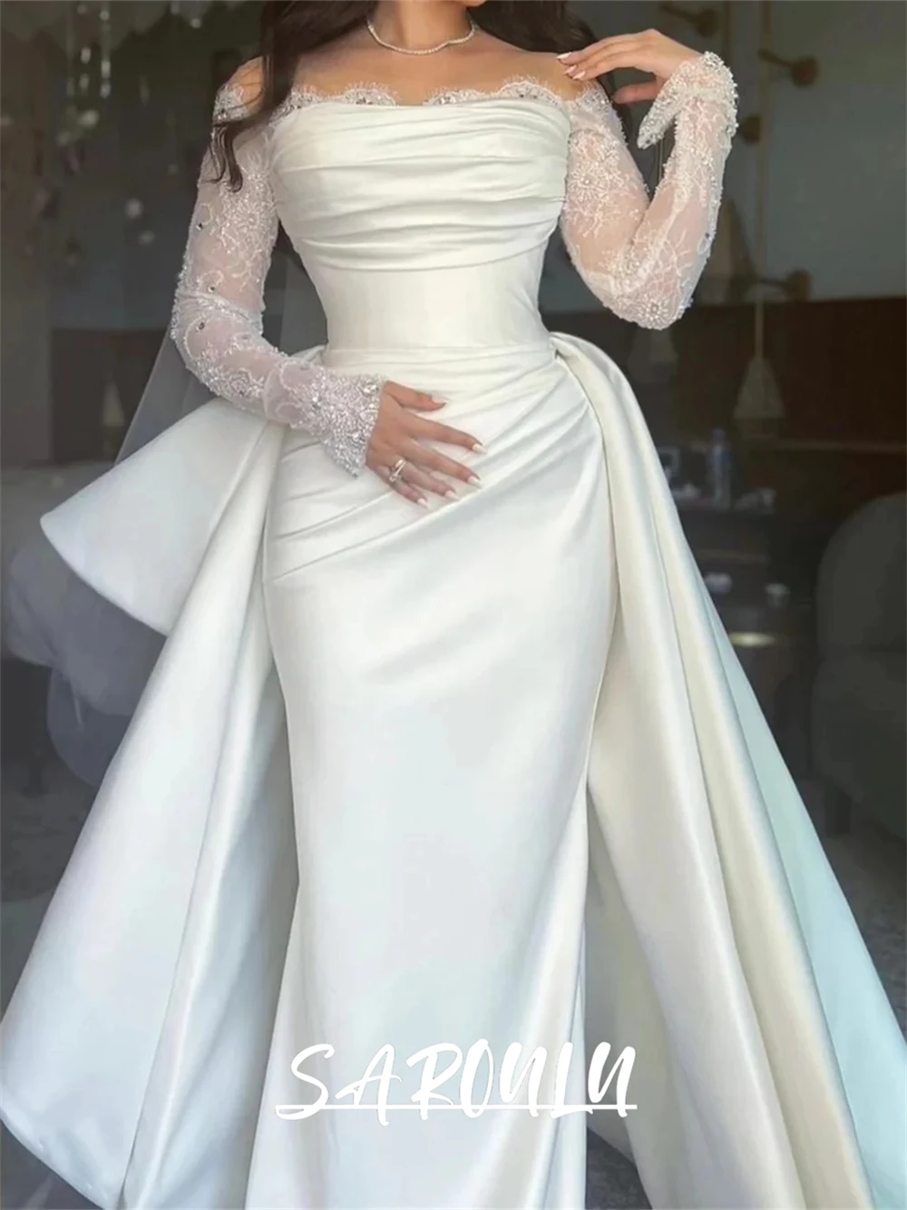 Elegant Satin Mermaid Wedding Dress with Off Shoulder Full Sleeves Long Maxi Plus Size Bride Dresses Customized Bridal Gown
