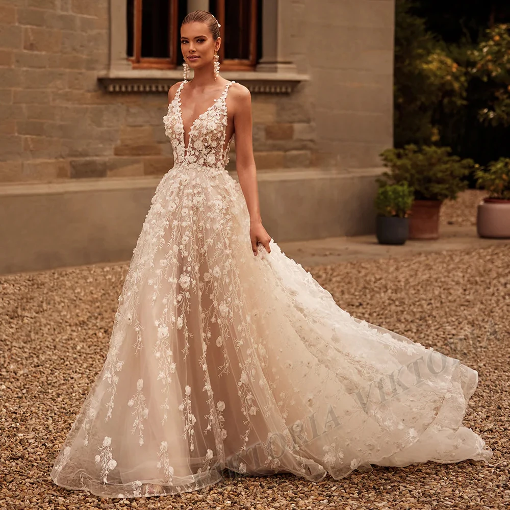 VIKTORIA Princess Lace Wedding Dresses For Woman Bride Deep V-neck Spaghetti Straps Vestido De Casamento Personalized Customized
