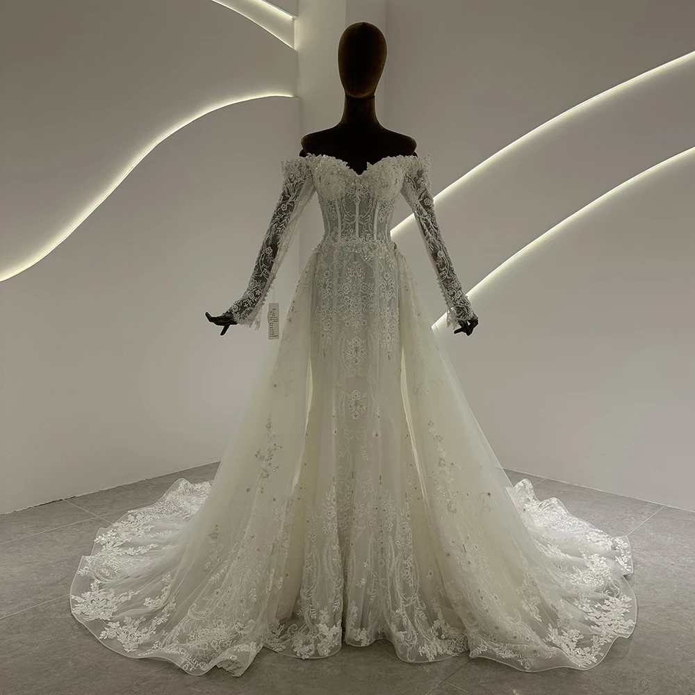 SL-9575 SuLi Customized Off the Shoulder Sleeve Mermaid Wedding Dress Detachable Skirt Lace Beading Bridal Gown