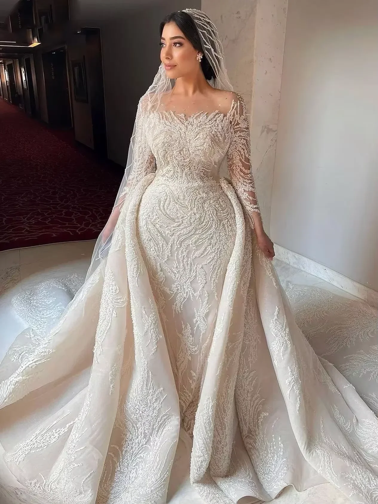 Customzied Long Sleeve Wedding Gown Beaded Mermaid Bride Dresses For Women 2026Luxury Sequins Wedding Dress Vestidos De Novia