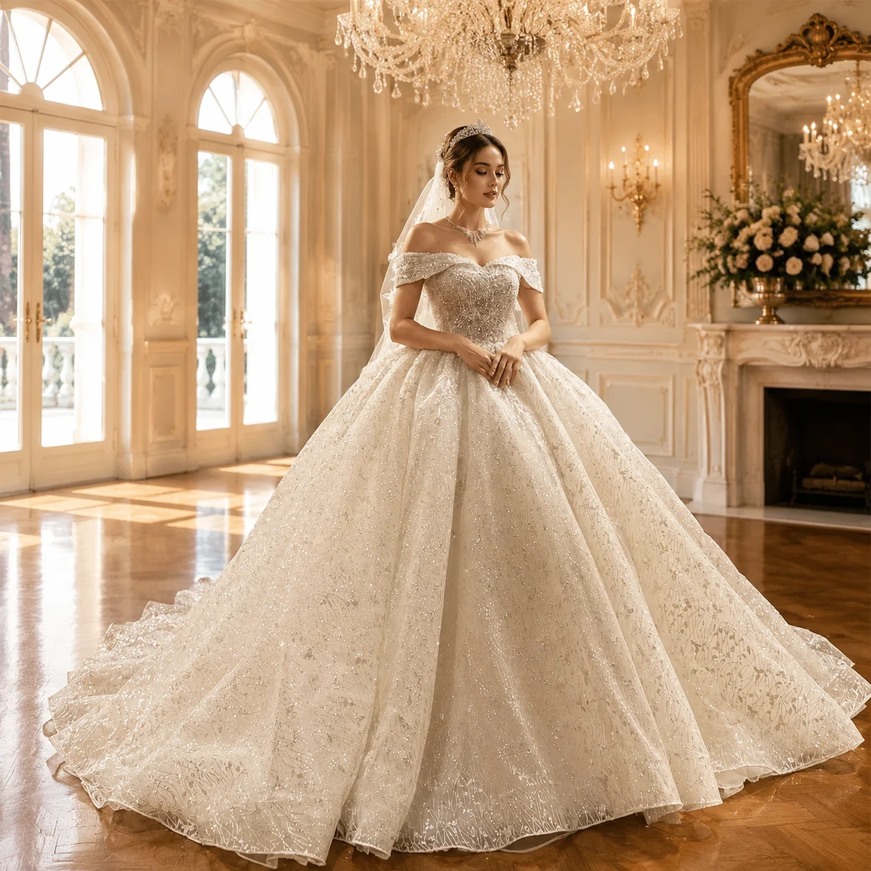 Customized Luxury Ball Gown Wedding Dresses Off The Shoulder Straps Lace Wedding Dress With Small Train AmandaNovias Official