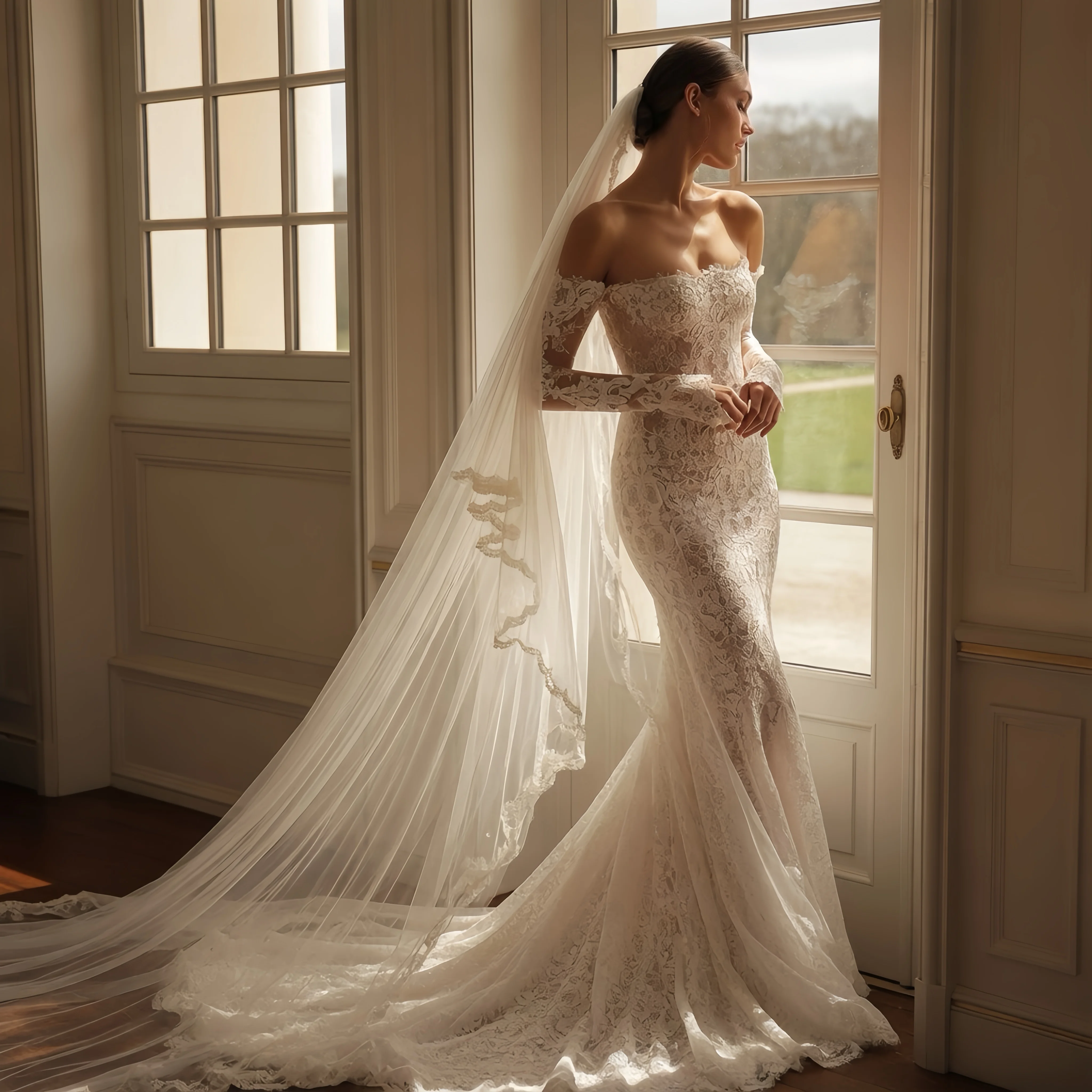ZIBUYU Customized Luxury Mermaid Wedding Dress Off Shoulder Sweetheart Floral Lace Appliques Bridal Gown