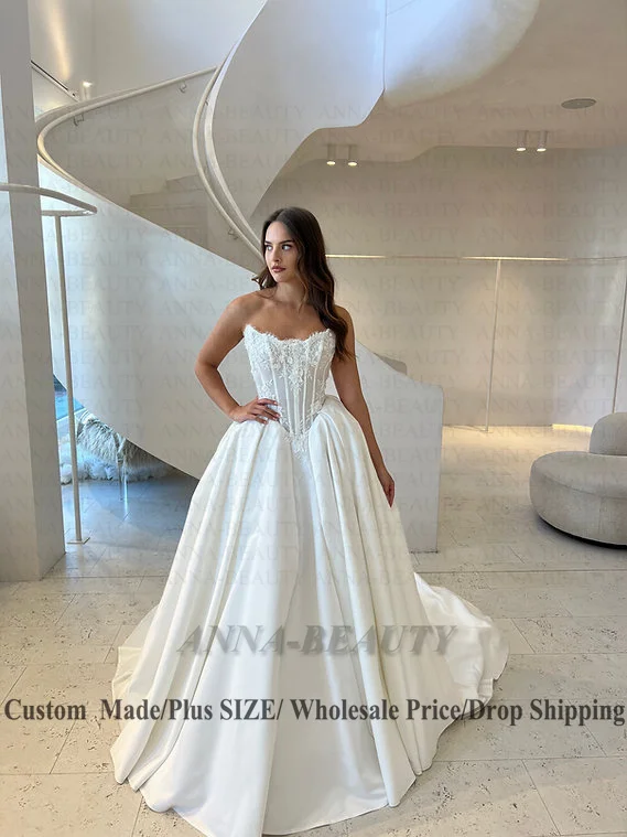 Anna Fashionable Lace Applques Wedding Dress Bridal Pleats Sleeveless A-line Satin Lacing up Vestidos Para Mujer Customised