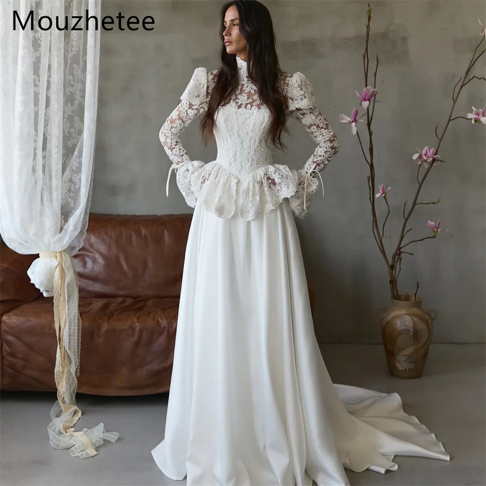 Mouzhetee A-Line Elegant O-Neck Lace Pleat Wedding Dresses Simple Long Sleeve Brides Gown Custom Made 2026