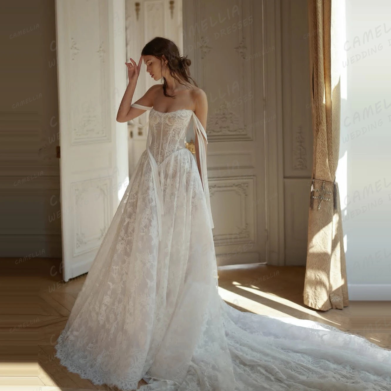 Graceful Boho Lace Appliques Wedding Dresses A-Line Sleeveless Boat Neck Backless Bride Gowns Tulle Customized Vestidos De Noche