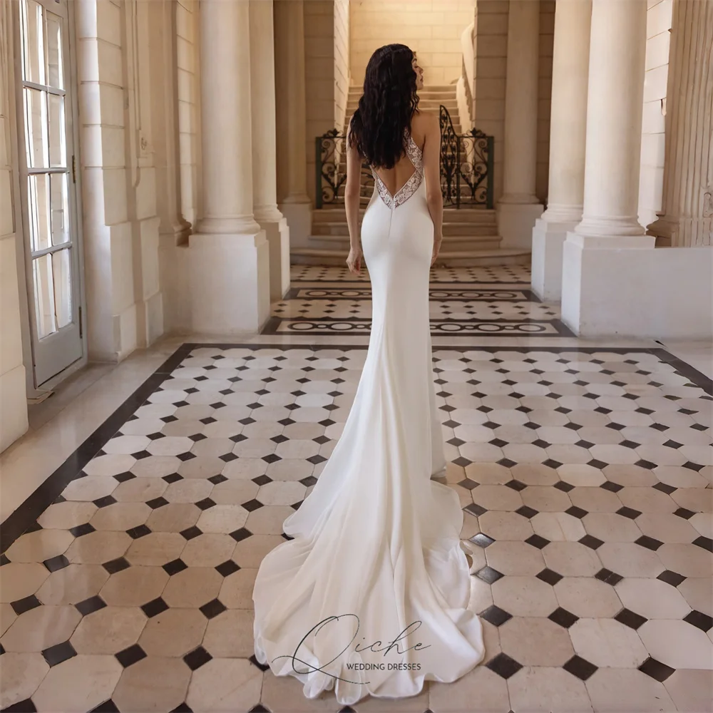 QICHE Modern Lace Mermaid Wedding Dresses Women Halter Sleeveless Appliqued Open Back Bridal Gown Vestidos De Novia Customized