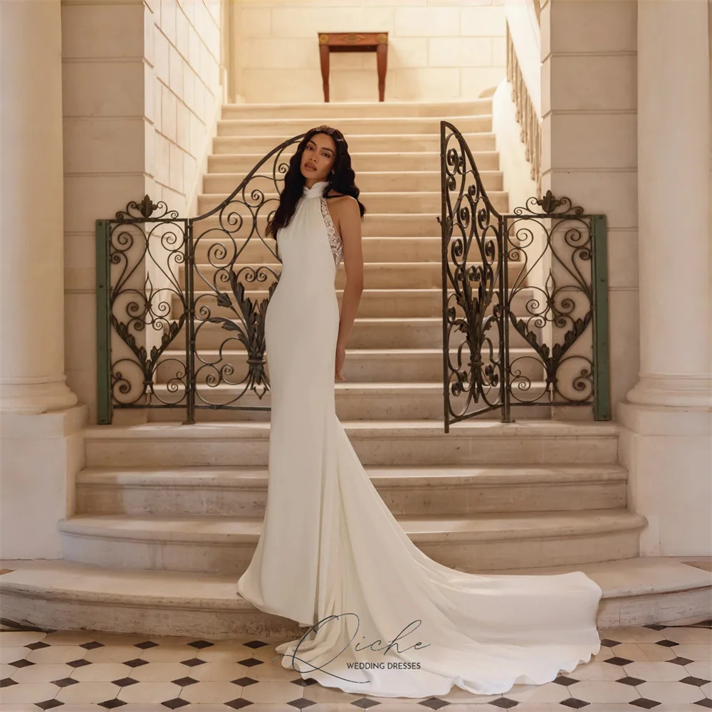 QICHE Modern Lace Mermaid Wedding Dresses Women Halter Sleeveless Appliqued Open Back Bridal Gown Vestidos De Novia Customized