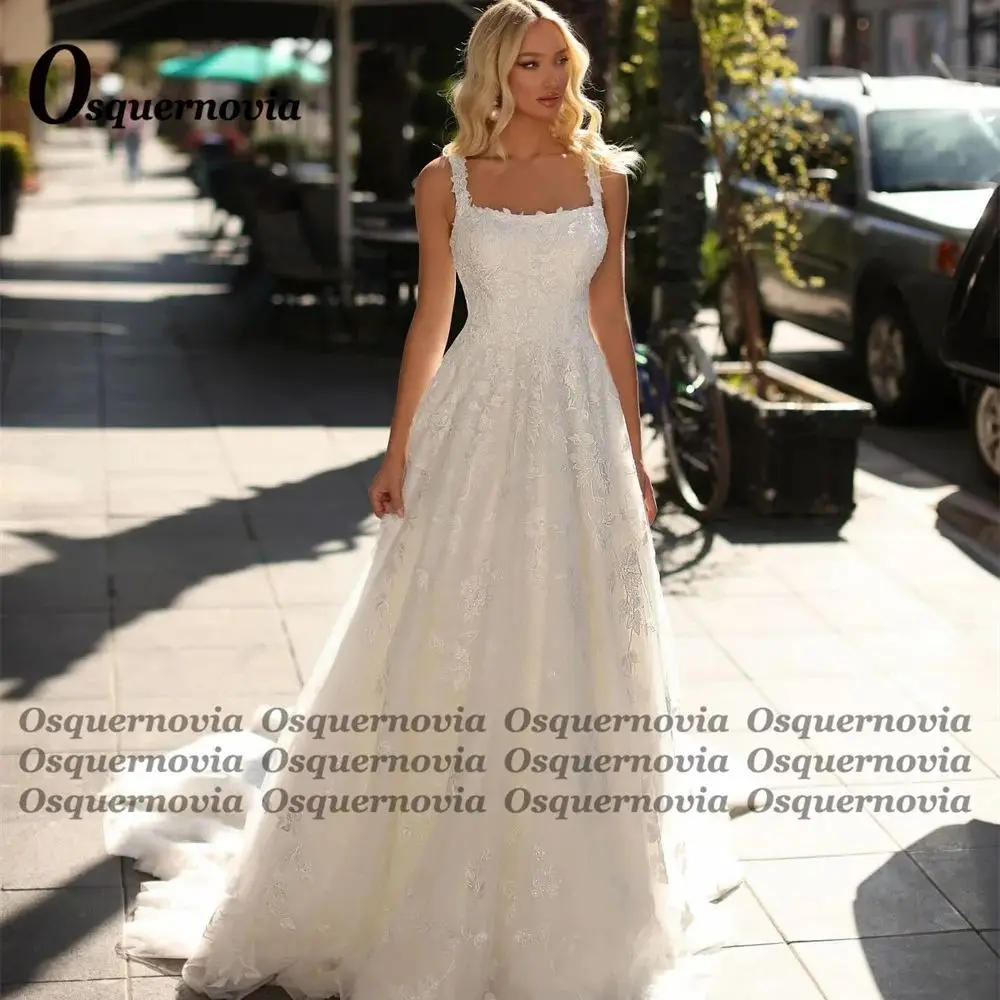 Osquernovia Attractive Tulle Wedding Dresses Lace Appliques Square Collar Spaghetti Straps Zipper Abito Da Sposa Drop Shipping
