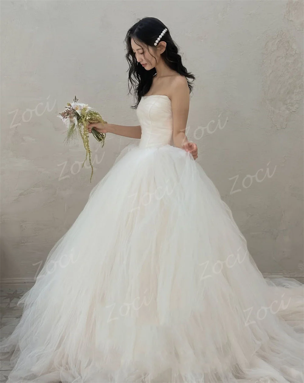 Zoci Princess A Line Tulle Korea Wedding Dresses Strapless Bride PhotoShoot Dress Customized Floor Length Puffy Long Bride Gown