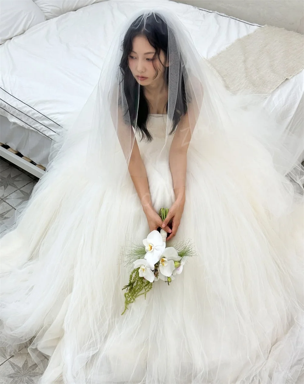 Zoci Princess A Line Tulle Korea Wedding Dresses Strapless Bride PhotoShoot Dress Customized Floor Length Puffy Long Bride Gown