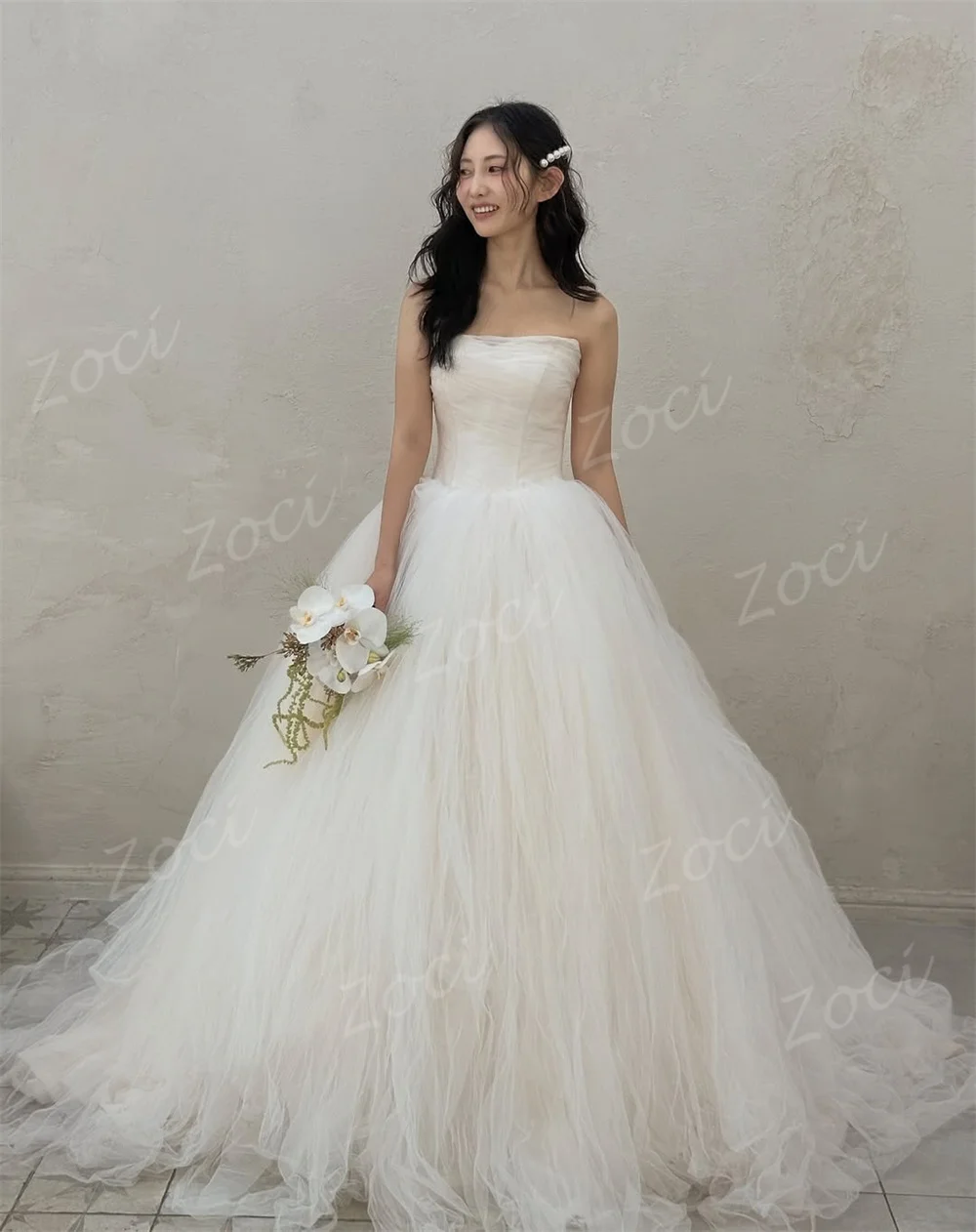Zoci Princess A Line Tulle Korea Wedding Dresses Strapless Bride PhotoShoot Dress Customized Floor Length Puffy Long Bride Gown