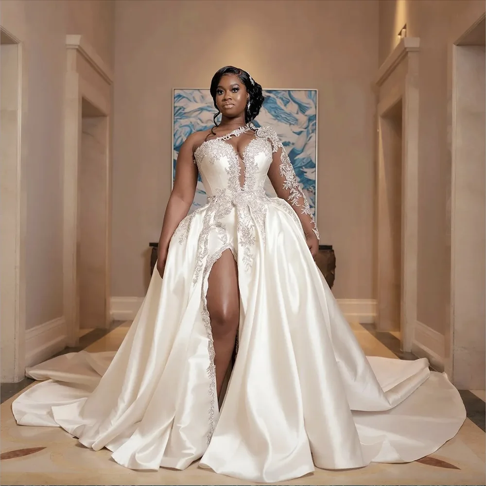 One Shoulder Lace Appliques Satin Wedding Dress For African Black Women Cathedral Train Plus Size Bridal Dress Vestido De Novia