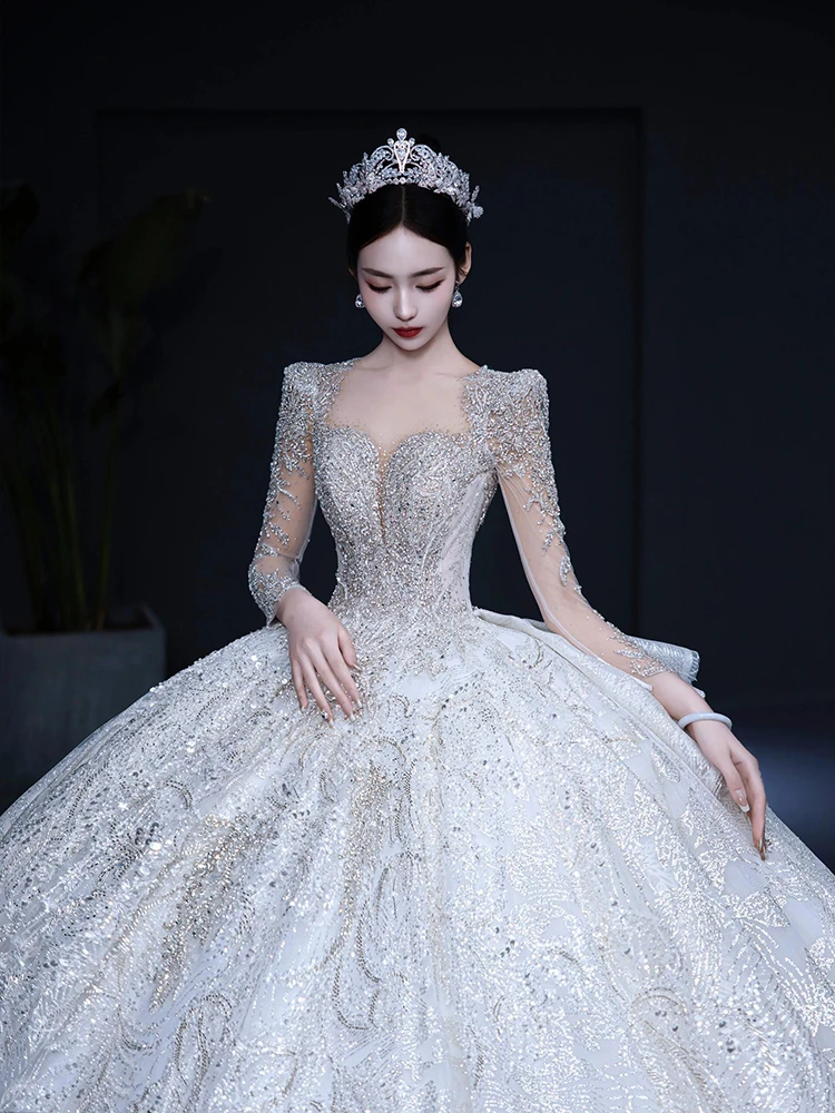 Long Sleeve Wedding Dresses Classic Sweetheart Wedding Party Dress Shinny Wedding Ball Gown Plus Size Customized