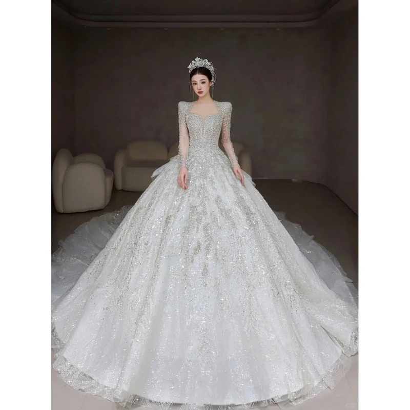 Long Sleeve Wedding Dresses Classic Sweetheart Wedding Party Dress Shinny Wedding Ball Gown Plus Size Customized