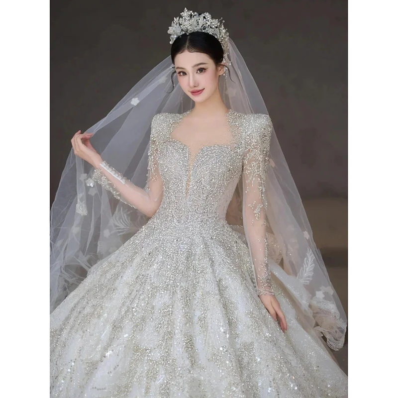 Long Sleeve Wedding Dresses Classic Sweetheart Wedding Party Dress Shinny Wedding Ball Gown Plus Size Customized