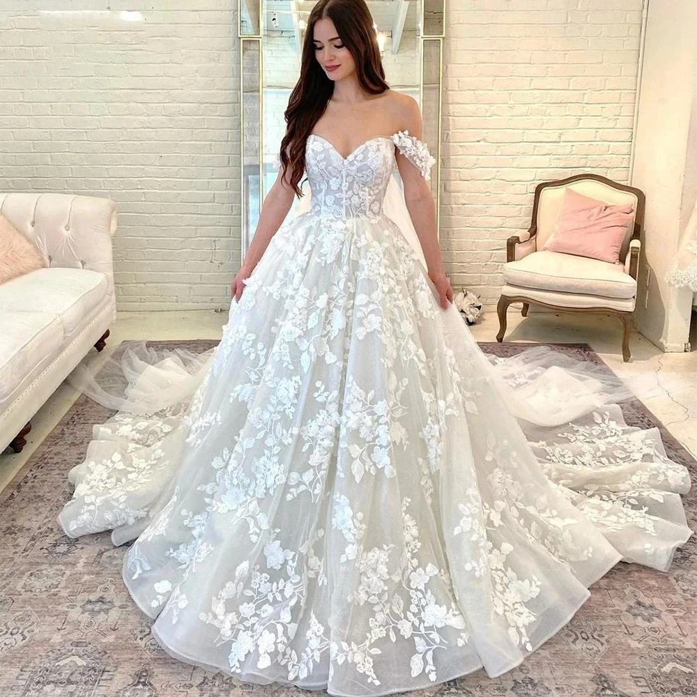 Elegant Off Shoulder Wedding Dresses for Bride Long Lace Wedding Gowns with Train Sweetheart A-line Bridal Gowns
