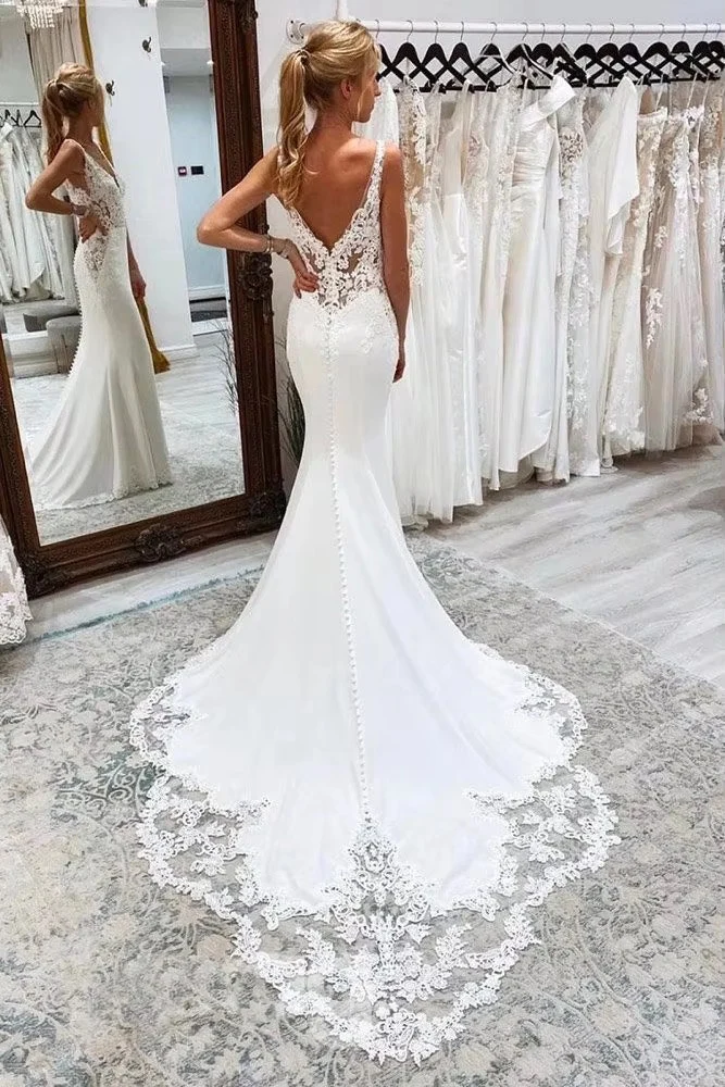 Crepe Lace Appliques Luxury Mermaid Boho Wedding Dresses Deep V-neck Beach Backless Bridal Gowns Customized 2026