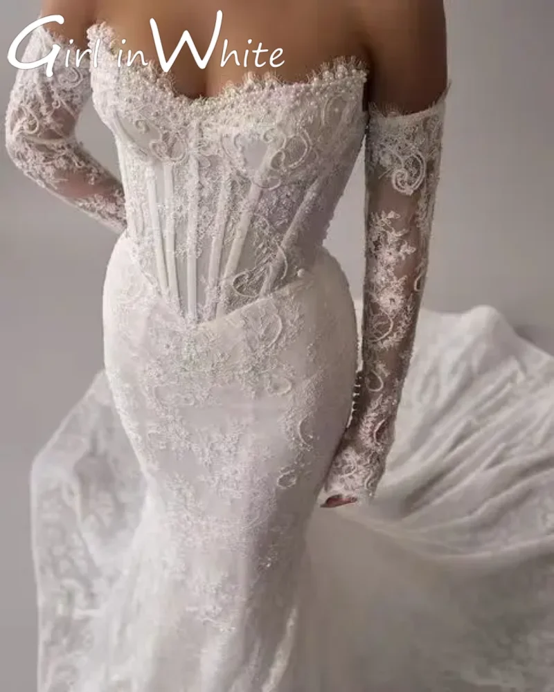Luxury Lace Mermaid Detachable Long Train Wedding Dresses 2025 Sweetheart Backless Long Sleeves Bride Gowns Customized For Women