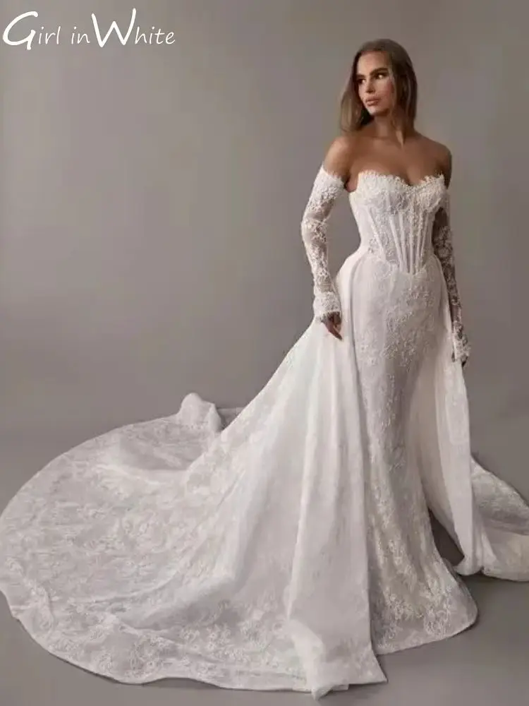 Luxury Lace Mermaid Detachable Long Train Wedding Dresses 2025 Sweetheart Backless Long Sleeves Bride Gowns Customized For Women